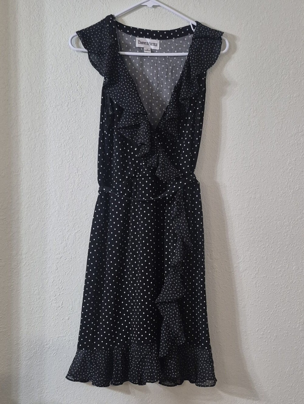 Danny & Nicole Black & White Polka Dot Ruffle Wrap Midi Dress